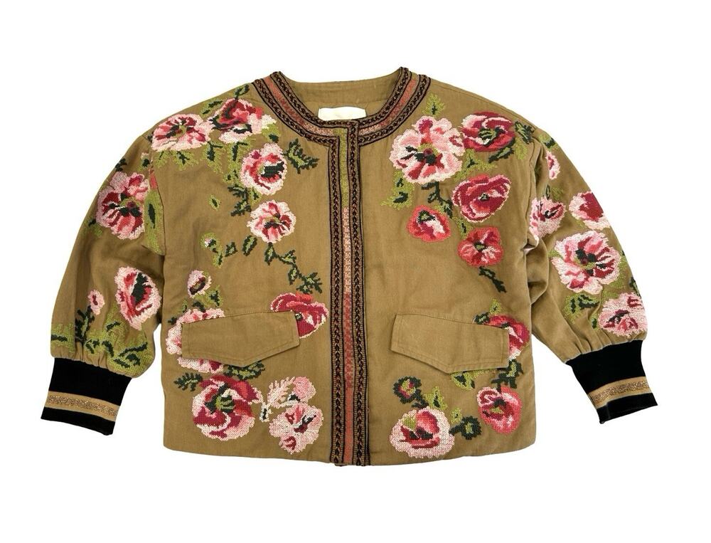 Anthropologie Needlepoint Floral Bomber Jacket Size 2XS Petite Khaki Beige Twill